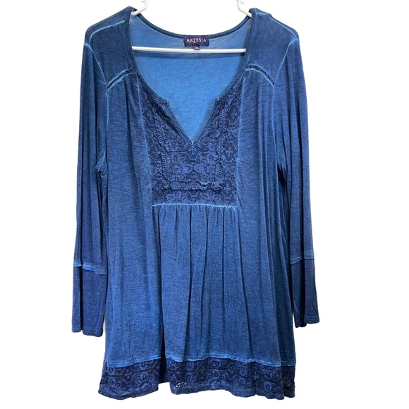 Tops - Artesia Midnight Blue Womens Crochet Hem Bohemian Peasant Tunic Blouse Medium